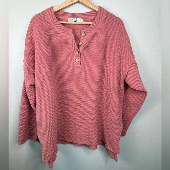 Free People  Hailee Sweater Knit Henley Top FP Beach Rosie Pink Size XL - Picture 3 of 7